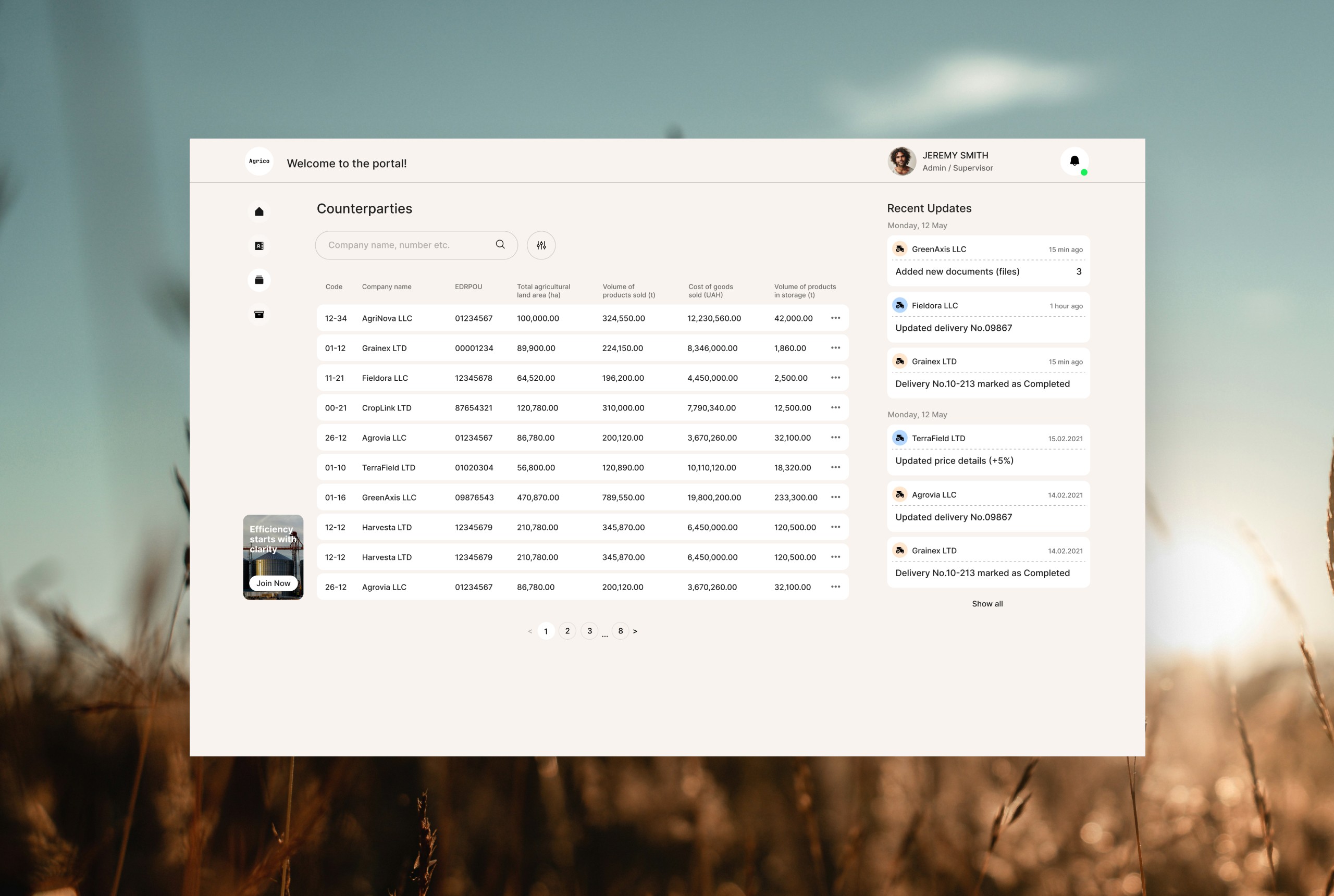 Delivery list showing shipment numbers, crop types, quantities, and total value.