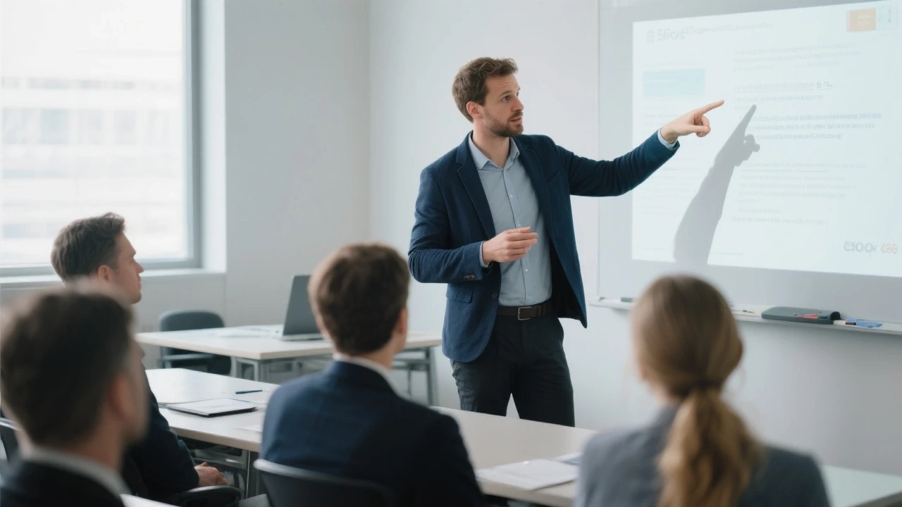 Un formateur caucasien mi-trentaine, veste bleu marine, pointe une diapositive projetée devant des professionnels attentifs