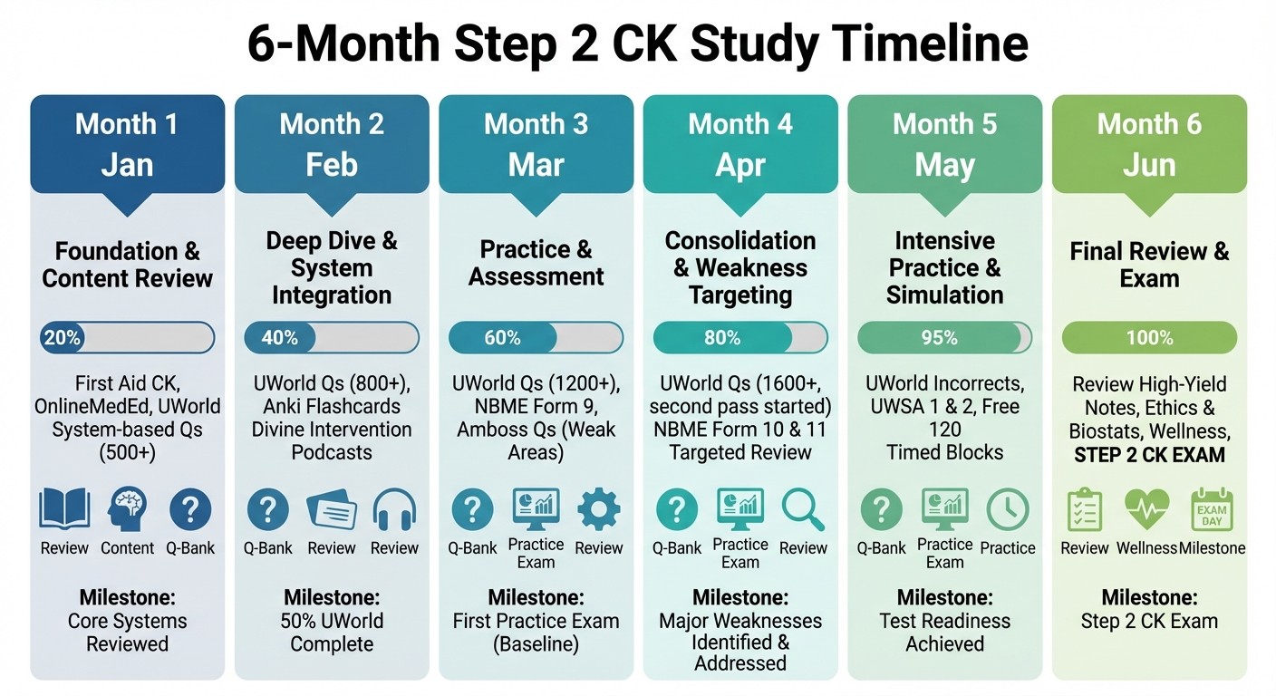 Step 2 CK 6-month study timeline and milestones for IMG preparation