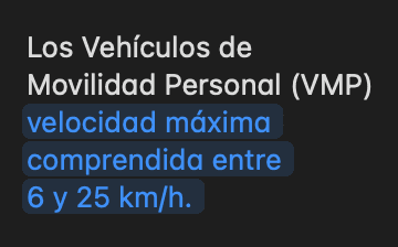 Extracto de la normativa de la DGT que limita la velocidad de los VMP a 25 km/h por diseño.