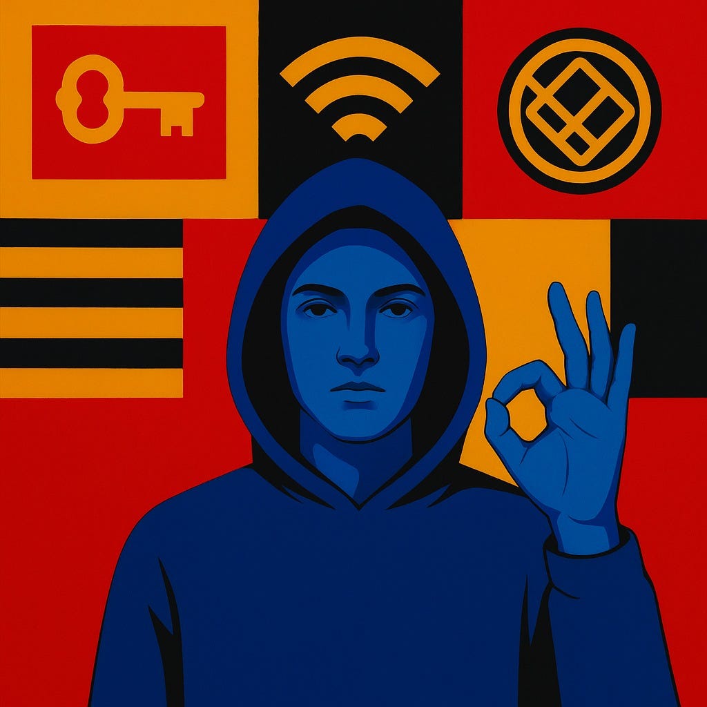 A graphic of a hooded figure with various symbols of internet closed cultures behind