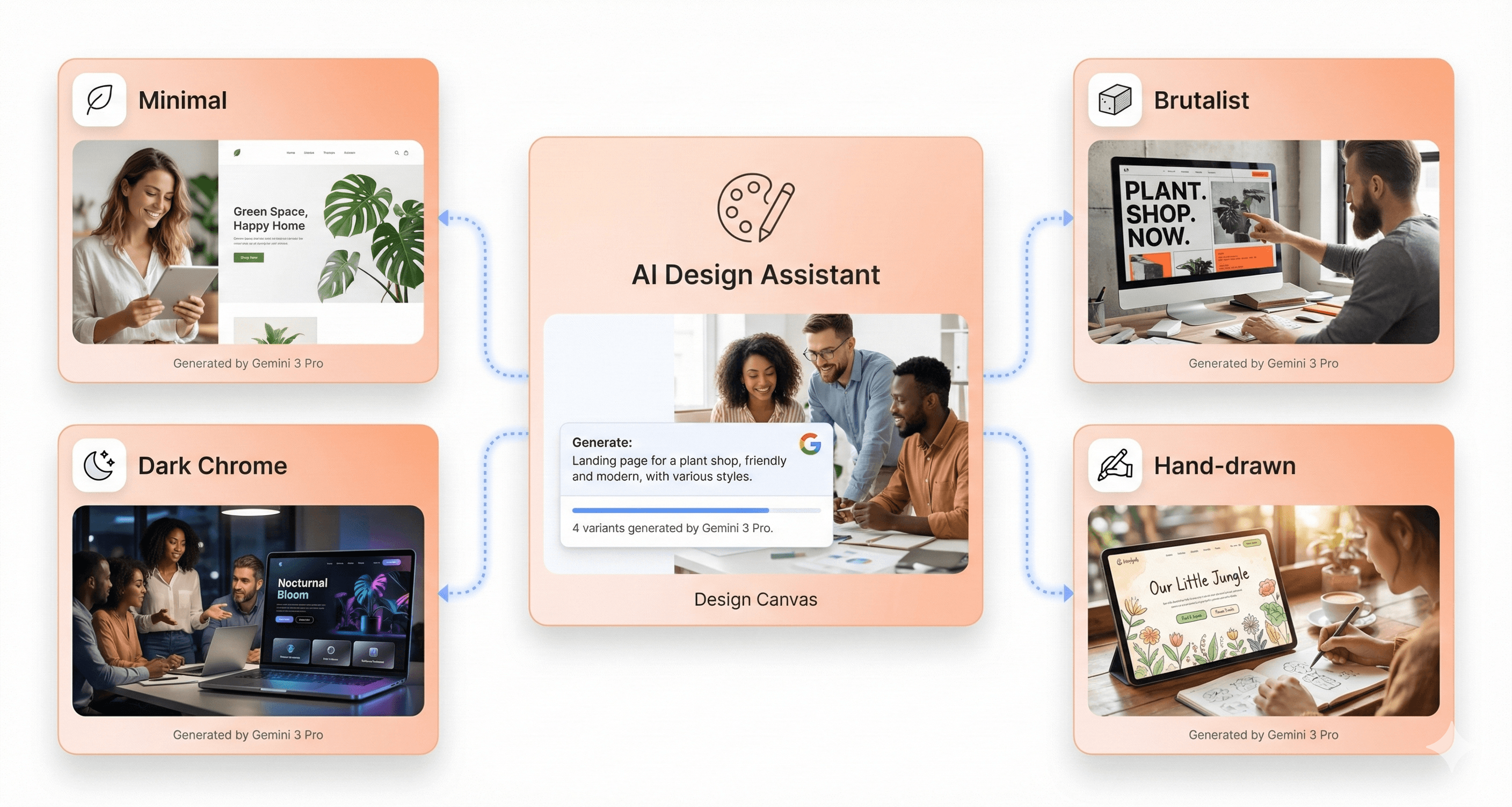 Multiple AI-generated UI design styles created in Figma Make with Gemini 3 Pro for rapid ideation and visual exploration