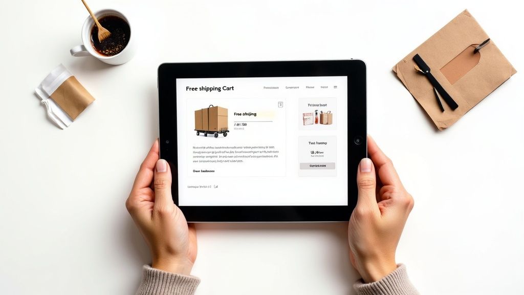 Overhead shot of hands holding a tablet showing an online shopping cart with free shipping details.