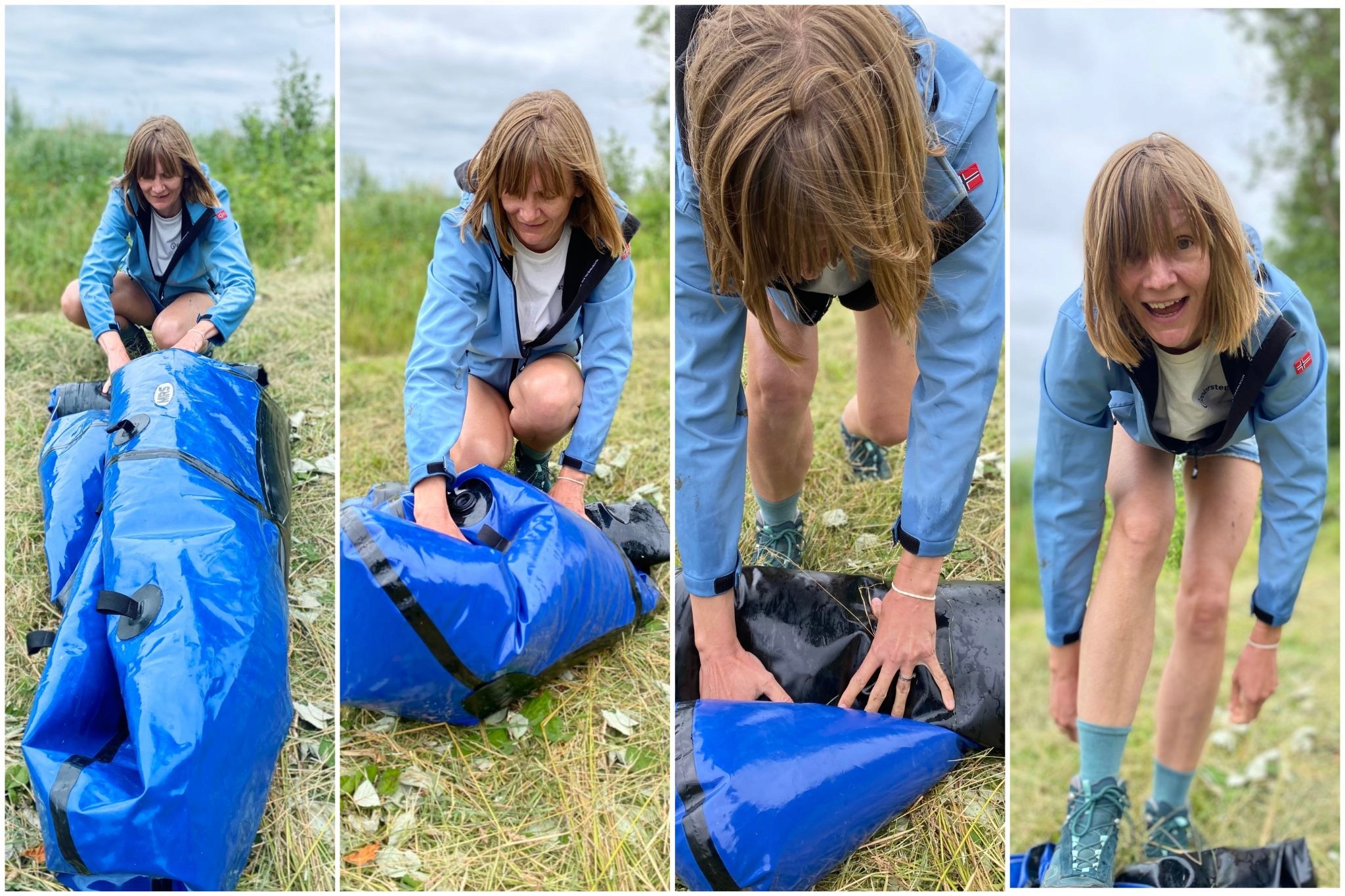 A woman in a blue jacket deflates and packs away a blue packraft (four images in sequence))