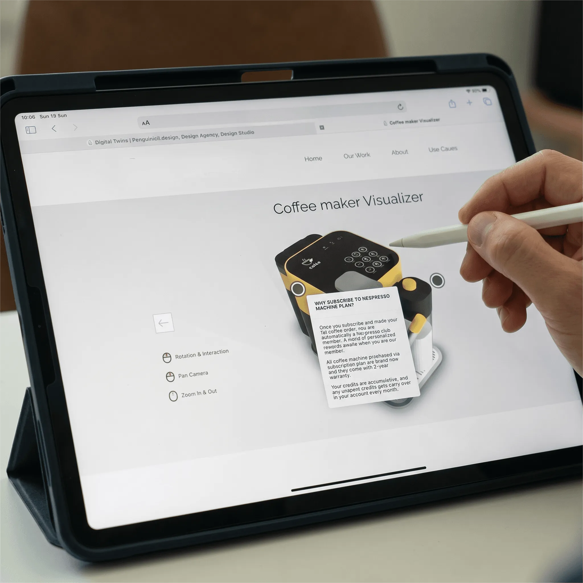 Coffee maker interactive 3D product visualization on iPad with feature hotspots.