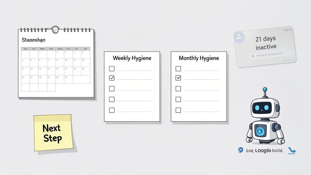A visual representation of task management tools including a calendar, checklists, sticky note, and a robot.