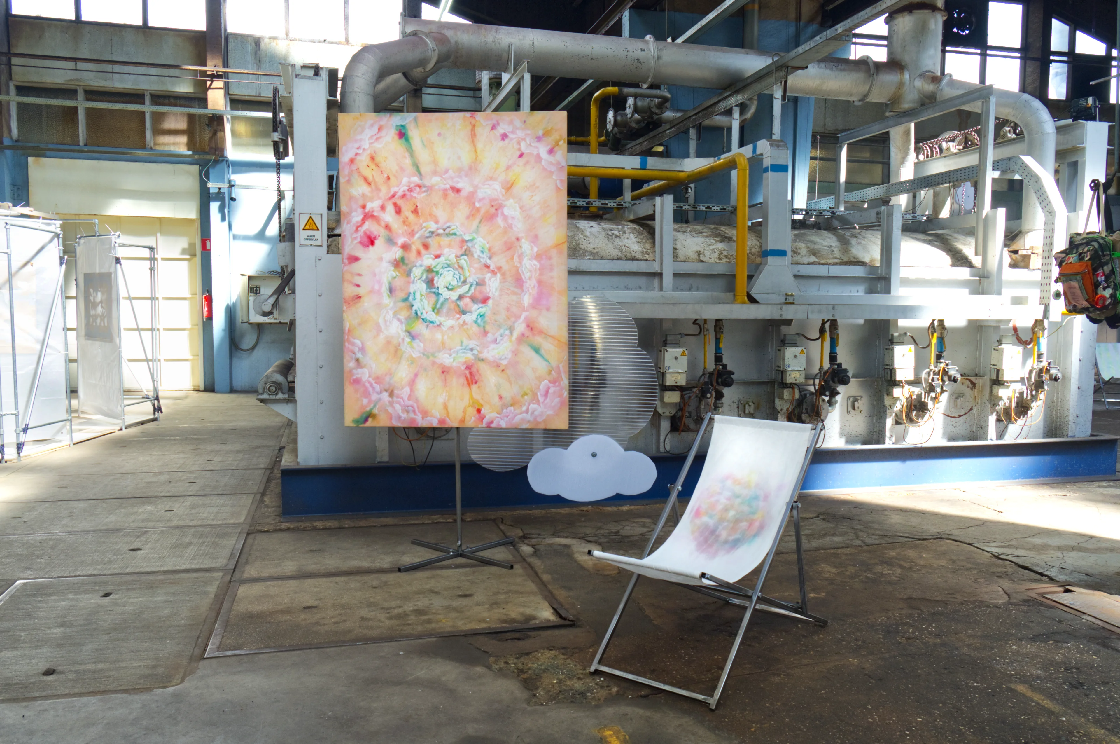 "Hope 2", conceptual abstract painting of trippy clouds by Janus Straefer with deck chair