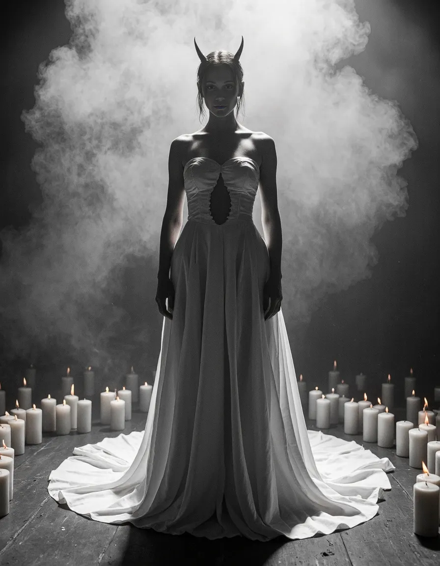 Dramatic black and white image of a figure in a flowing white dress with horns, surrounded by candles and atmospheric smoke