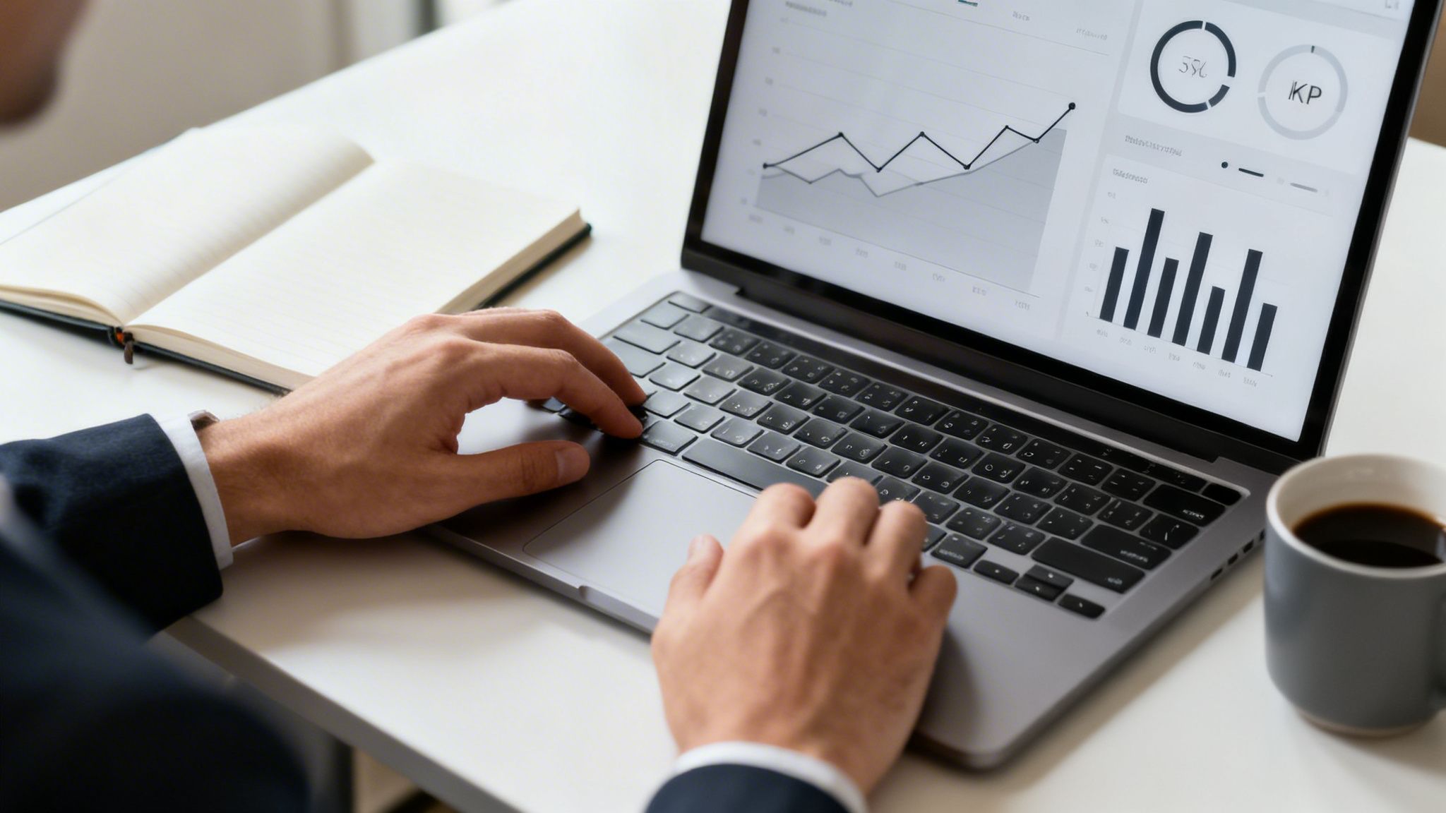 Manos de profesional escribiendo en un portátil que muestra datos y análisis empresariales.
