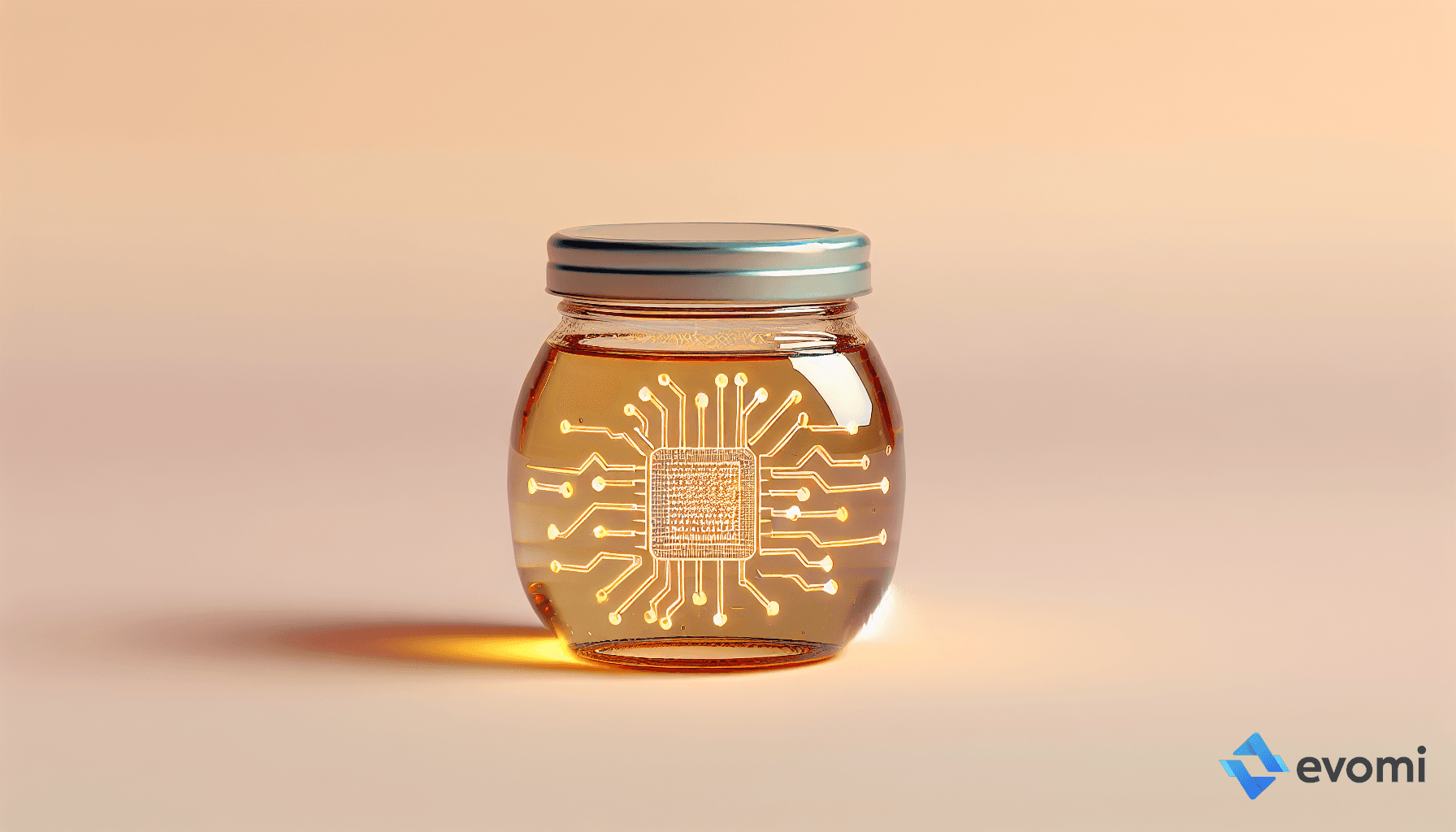 jar of honey with a printed circuit design, glowing softly against a plain background.