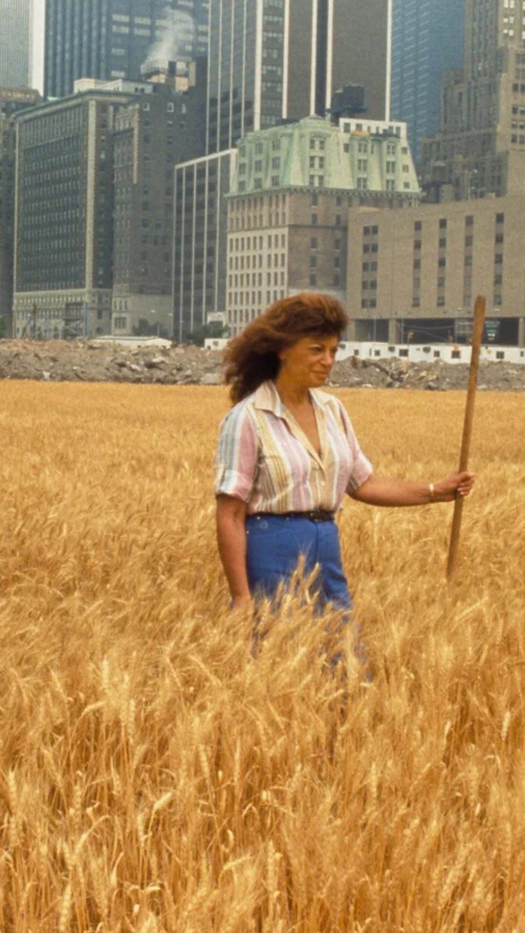 Woman standing in a wheat field with a city skyline and construction site behind her.