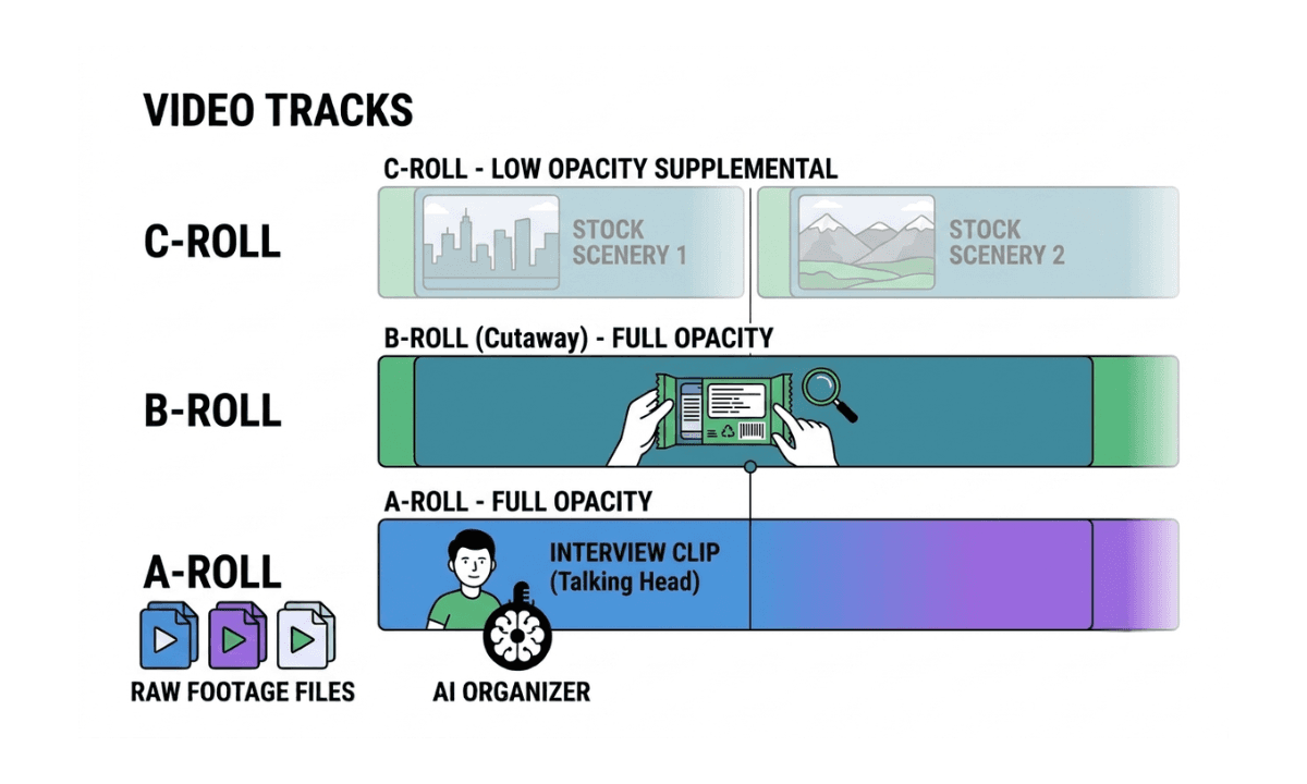 Flat illustration of a three-track video editing timeline showing labeled A-roll, B-roll, and C-roll tracks stacked together, with the C-roll track shown as thinner and more faded to represent its lower-priority, supplemental role compared to A-roll and B-roll.