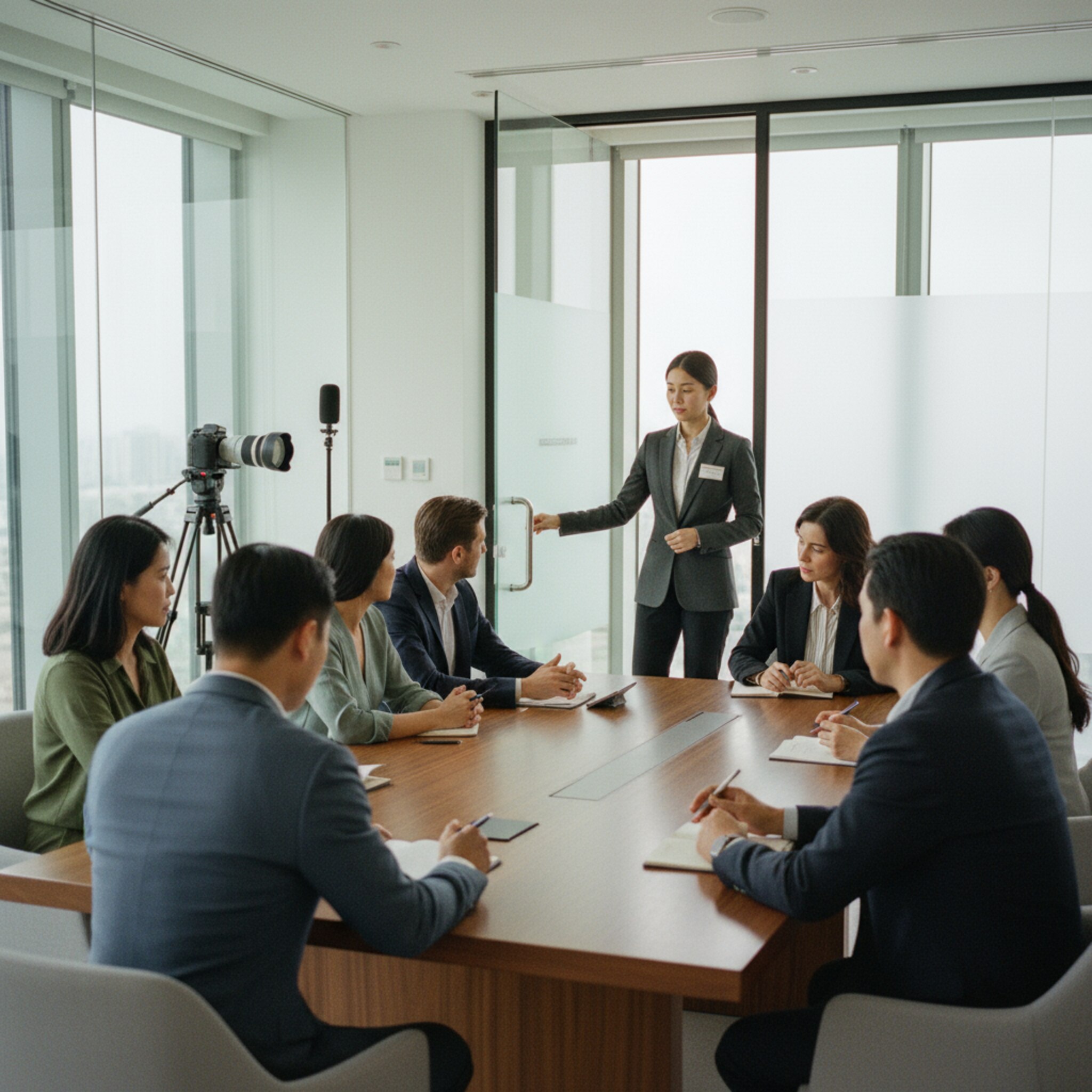 Ein Konferenzraum mit konzentrierten Teilnehmenden, im Hintergrund steht eine Kamera auf einem Stativ neben einem Mikrofon. Eine Organisatorin prüft diskret die Raumtür, nur Berechtigte sind im Plenum. Die Szene vermittelt Sicherheit und klare Zugriffssteuerung.