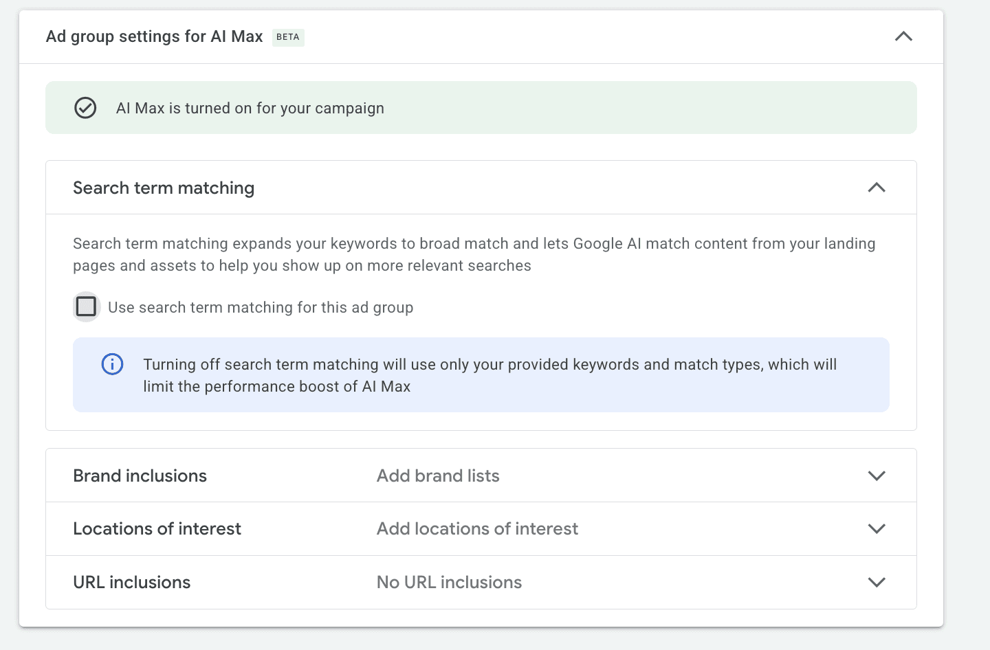 AI Max Search Term matching feature disabled