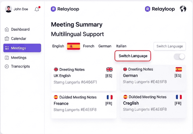 Screenshot of Relayloop "Multilingual Support" dashboard