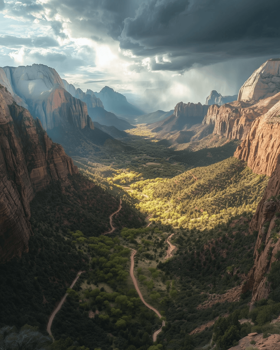 A dramatic view of a mountainous canyon landscape, featuring a winding river and lush greenery under a partly cloudy sky with sunlight streaming through, highlighting the depth and natural beauty of the scene.