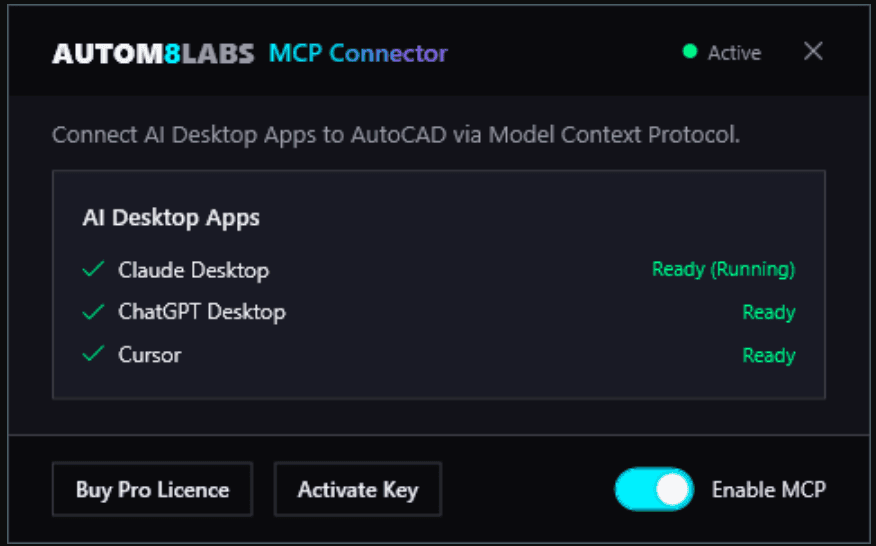AUTOM8LABS MCP Connector dialog showing active MCP status, detected AI desktop applications, and the enabled MCP toggle.