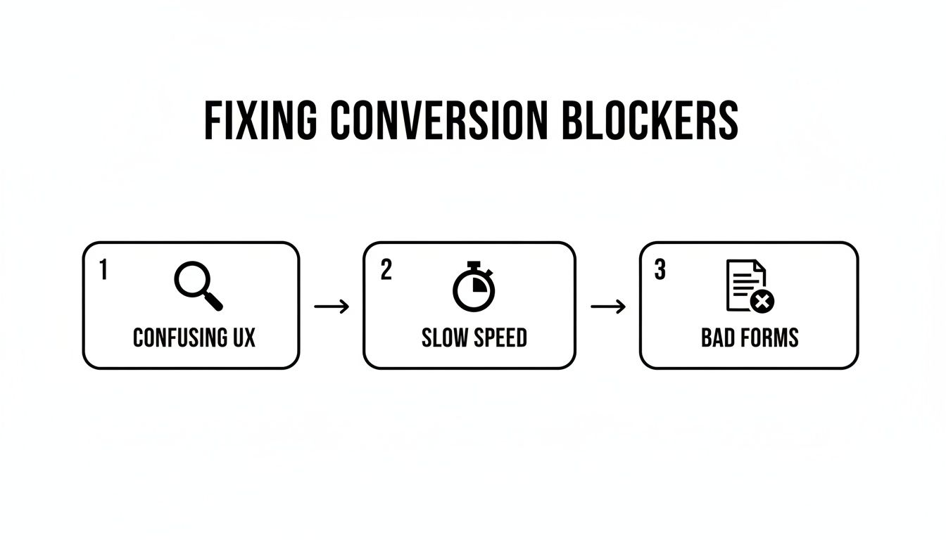 Diagram illustrating three common conversion blockers: confusing user experience, slow website speed, and bad forms.