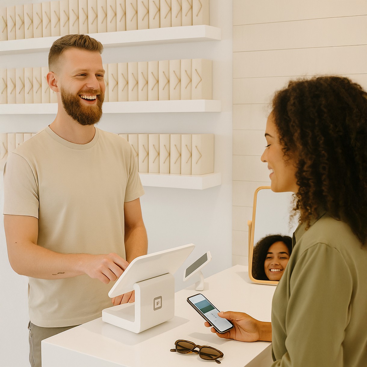 Smiling business owner helping a customer at the checkout counter