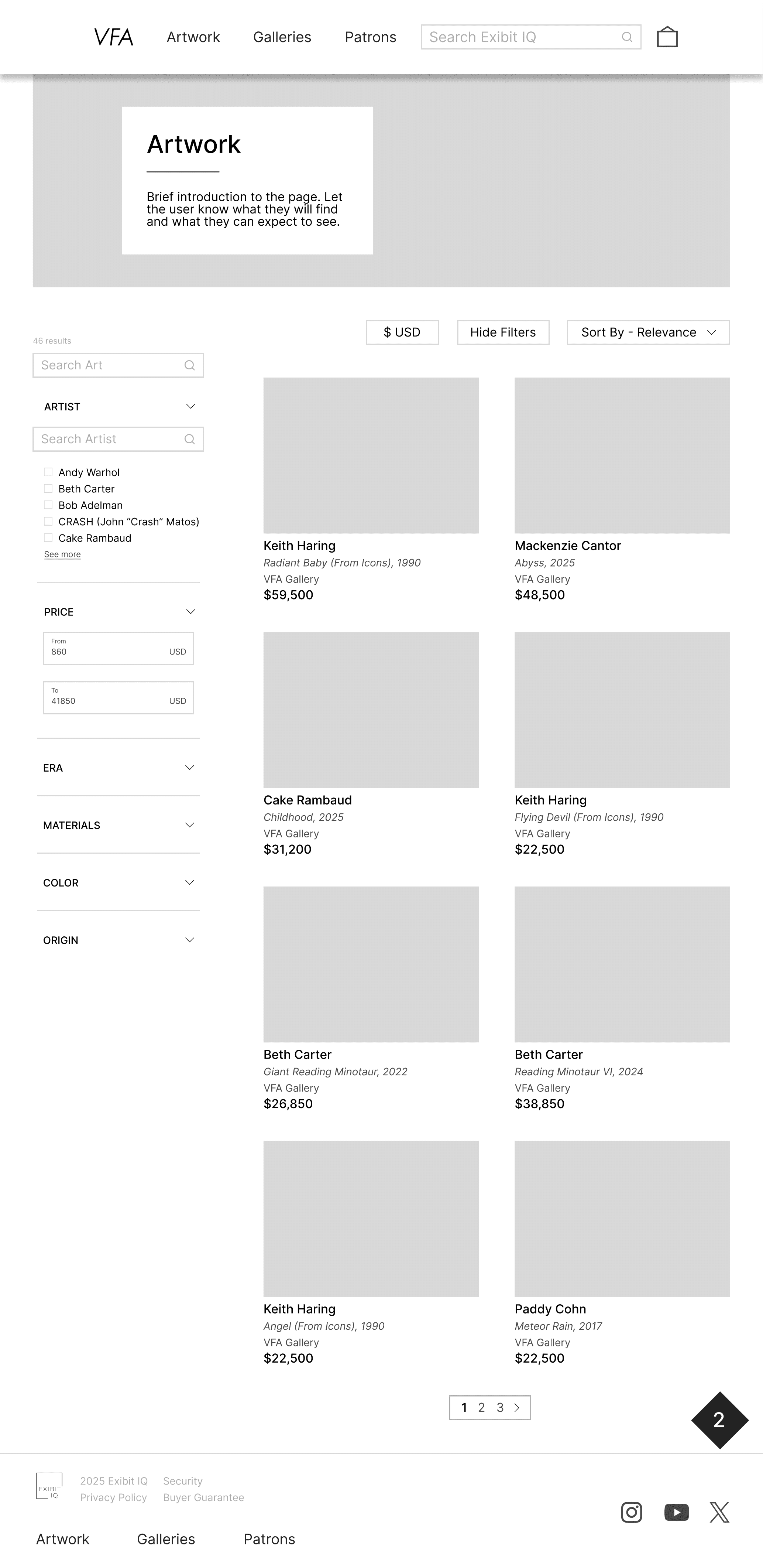 Tablet wireframe for artwork page