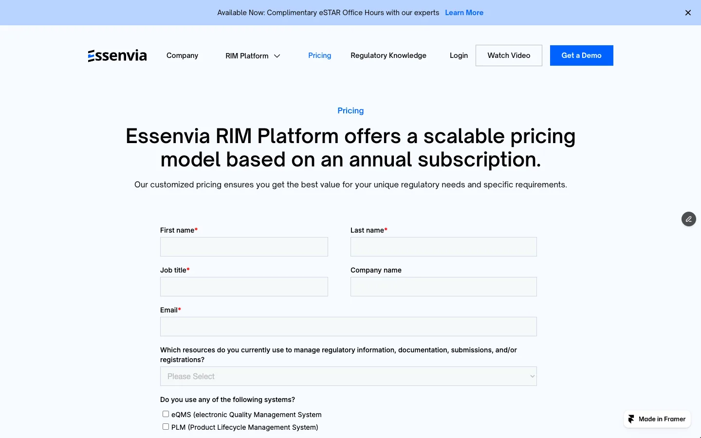 Essenvia pricing page