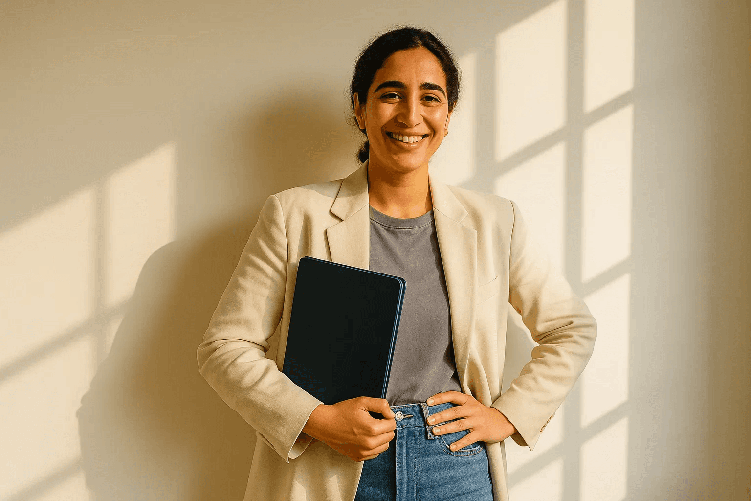 Smiling woman wearing a beige blazer and grey shirt, holding a folder while standing by a sunlit wall.