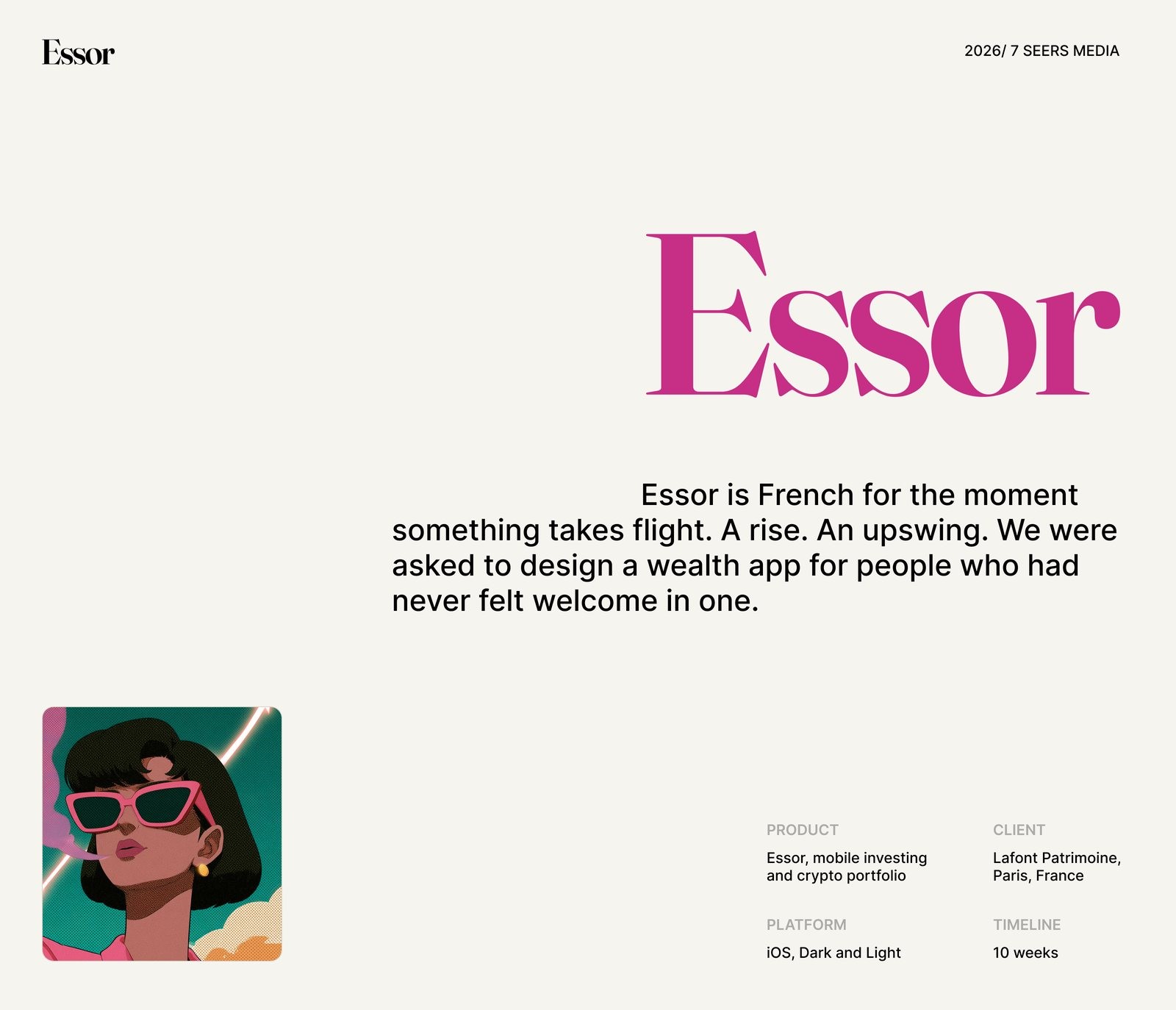 The Essor cover, the wordmark set in plum beside the product facts