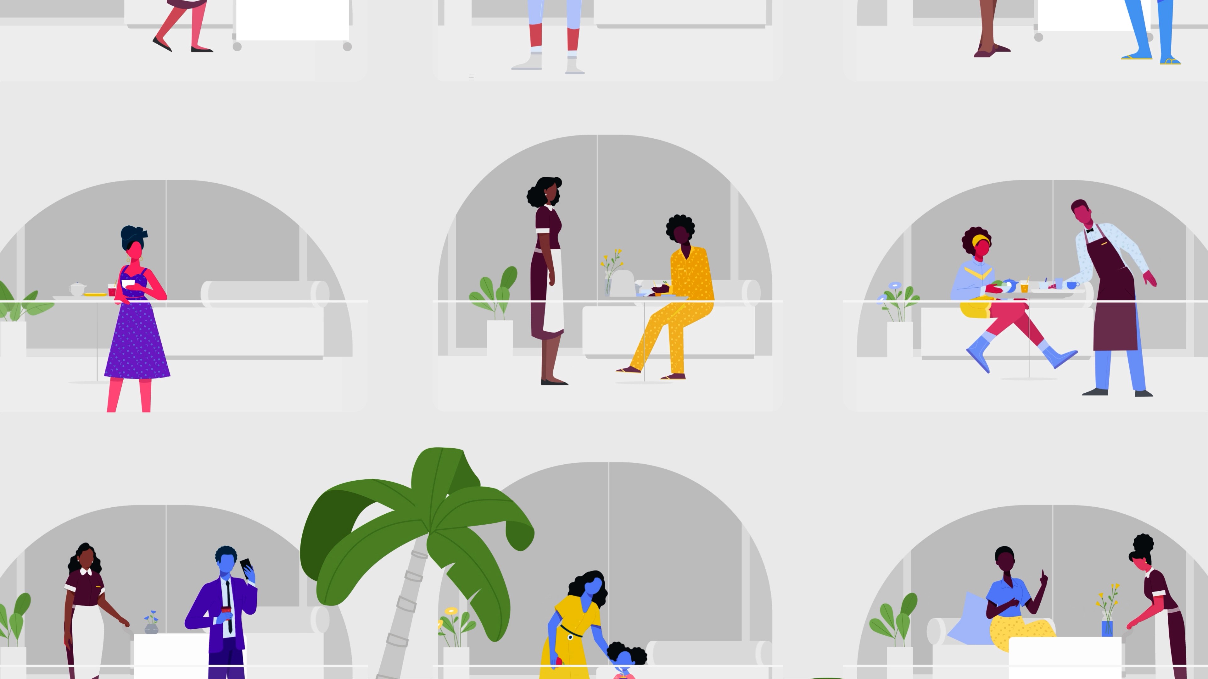A screenshot from a motion graphics video animation showing guests at a hotel balcony
