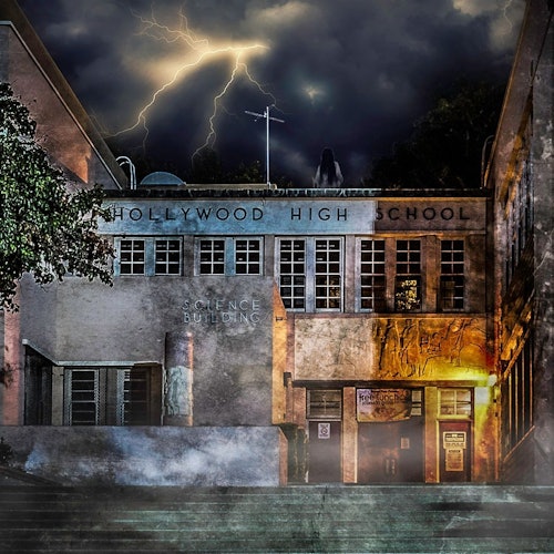 Ghostly photo of the historic Hollywood High School, with lightning striking the sky