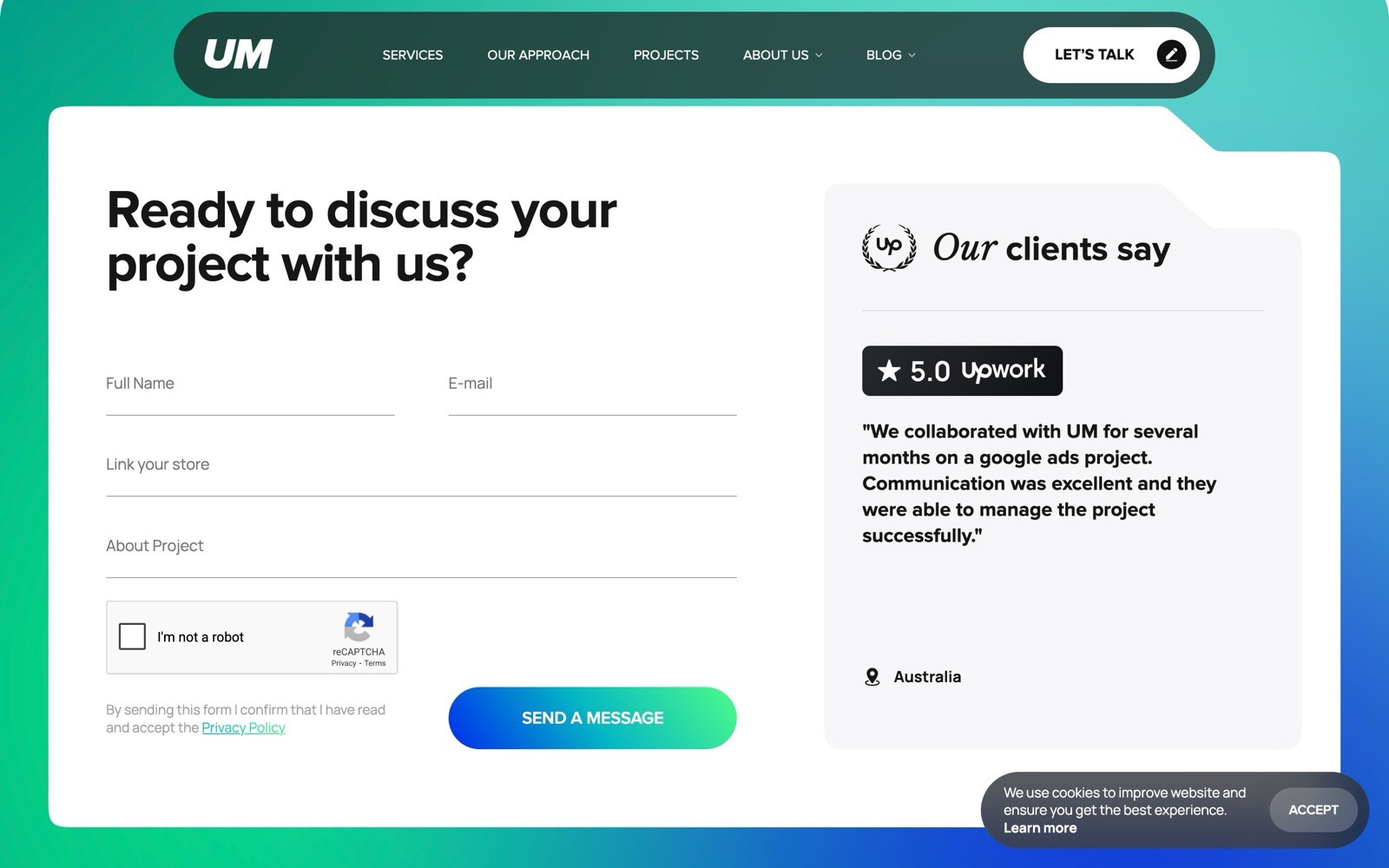 Website contact page with form fields for name, email, project link, and message. "Our clients say" with 5-star rating. "LET'S TALK" button.