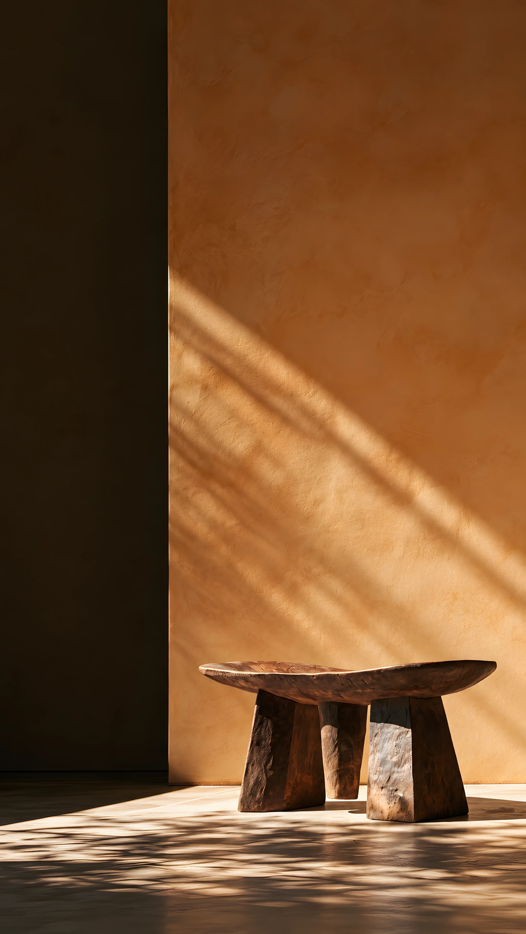 Carved wooden stool on a plain floor, lit by a single shaft of raking daylight