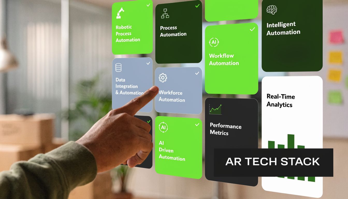 A person interacting with a futuristic augmented reality interface displaying various automation and data analytics icons.