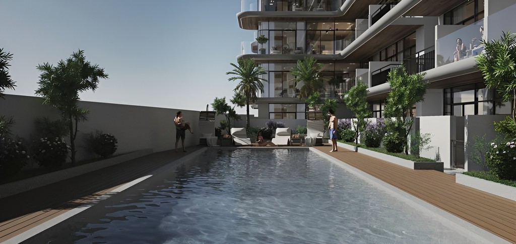 Artist's rendering of Aizel Tower, a new condo building in Miami, showcasing modern architecture and vibrant surroundings.