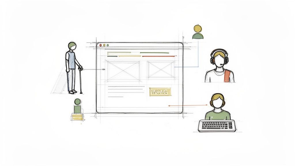 Illustrates web accessibility standards with diverse users interacting with a website displaying WCAG principles.