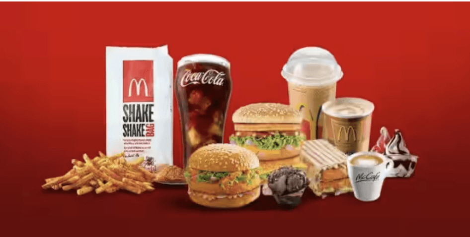 picture showing all the food of macdonalds aligned together