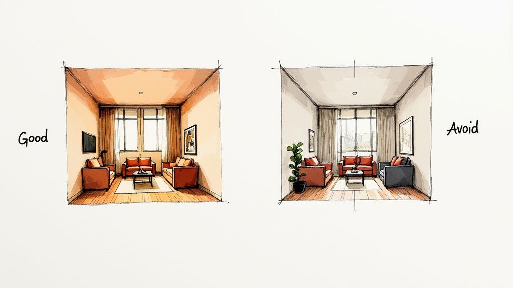 Two architectural sketches comparing good and poor interior design layouts for a modern living room.