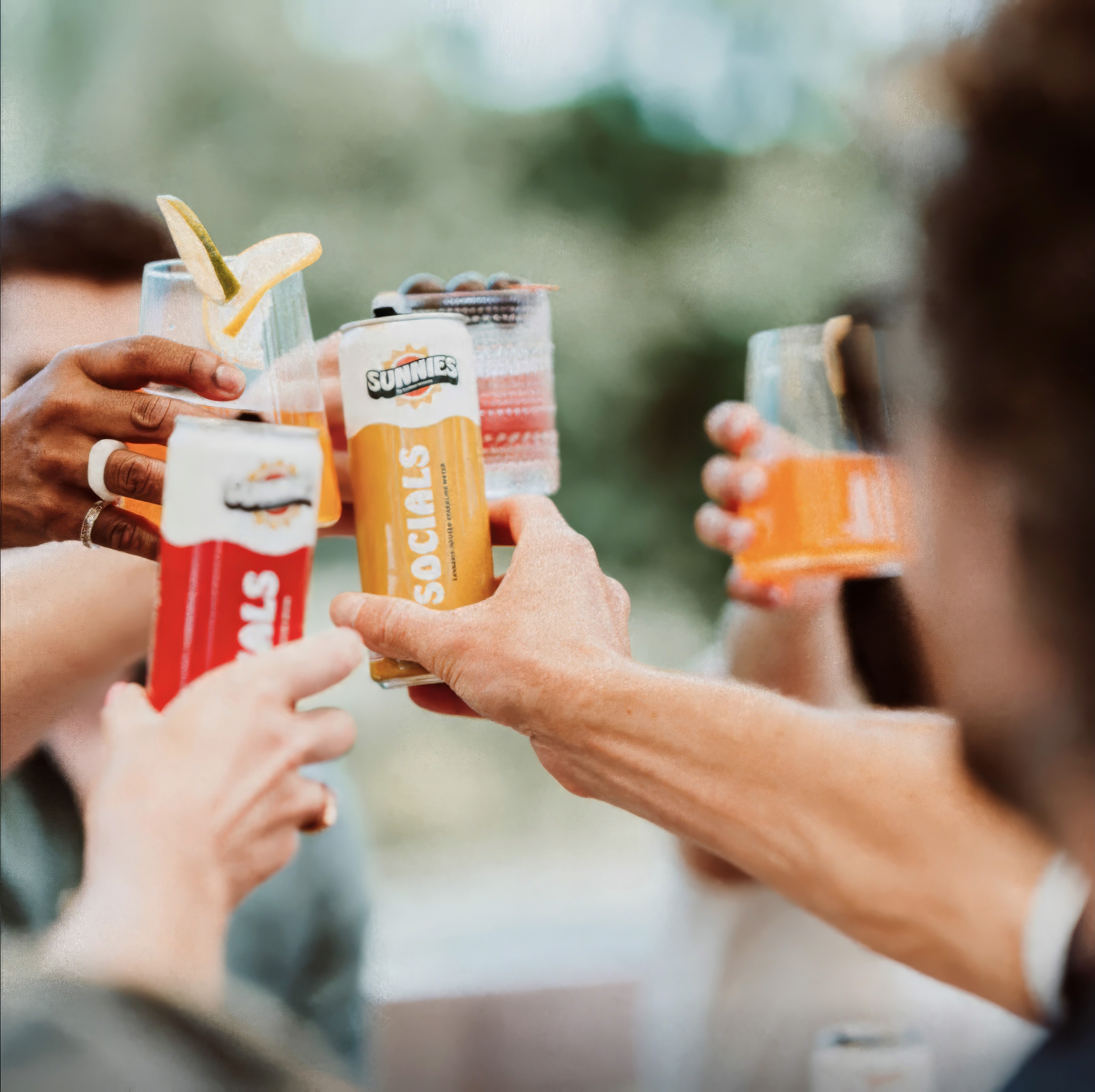 People doing a toast with cannabis infused sparkling waters called Sunnies Socials