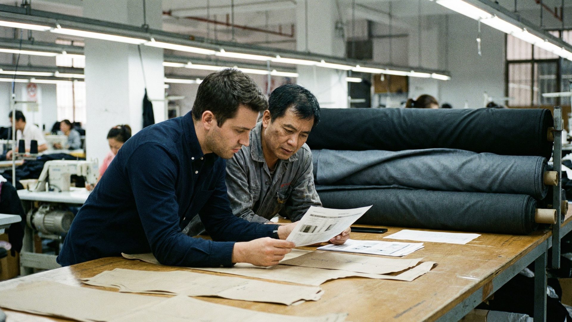 Two people reviewing a production schedule at a cutting table in a professional apparel factory.