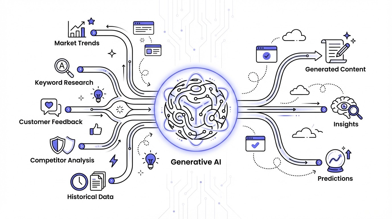 A diagram showing a central glowing Generative AI core with multiple labeled data streams flowing into it, including 'Market Trends' and 'Keyword Research,' and new synthesized streams flowing out.