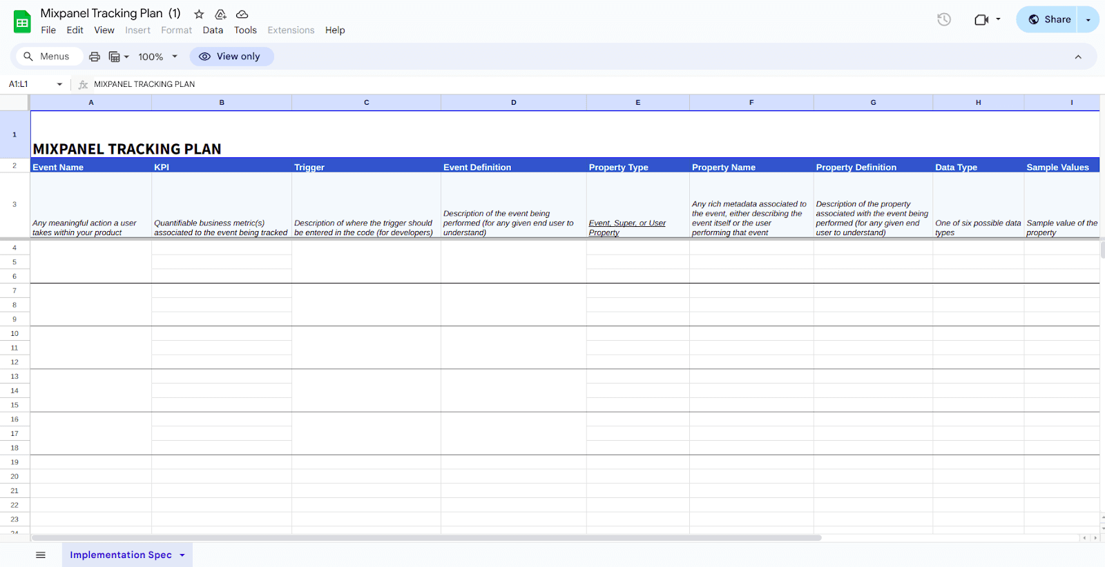 Mixpanel Tracking Plan Template Example