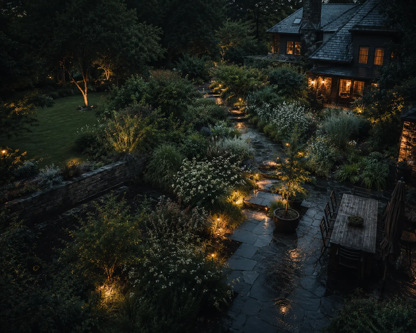 Elevated view of a mature Brackenward garden at dusk, lit paths threading through layered planting