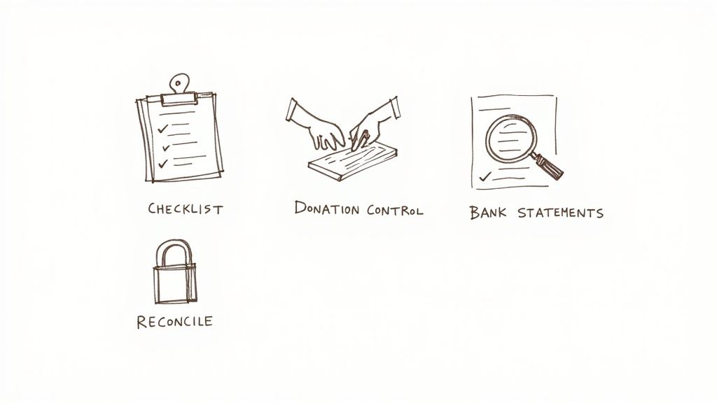 Two people reviewing a financial document at a desk with a laptop and calculator