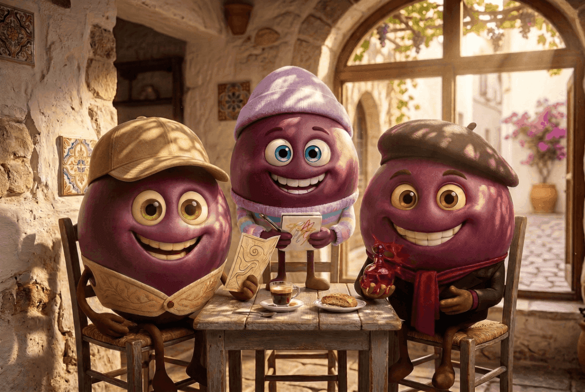 Uncorkables Light Reds grape varieties in a group picture in a sunny cafe