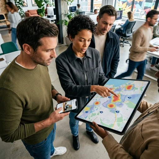 Équipe de professionnels en agence analysant des parcours candidats, des cartographies de talents et des indicateurs de performance sur plusieurs supports numériques, illustrant notre expertise en Stratégie de recrutement pour porter vos services en communication RH.