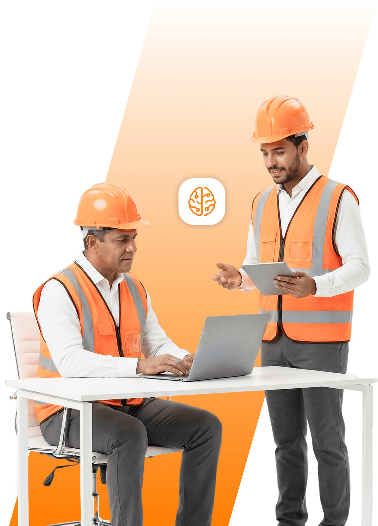 Trabalhador com capacete de segurança, mexendo no telefone, com símbolos do sistema Geequip ao redor