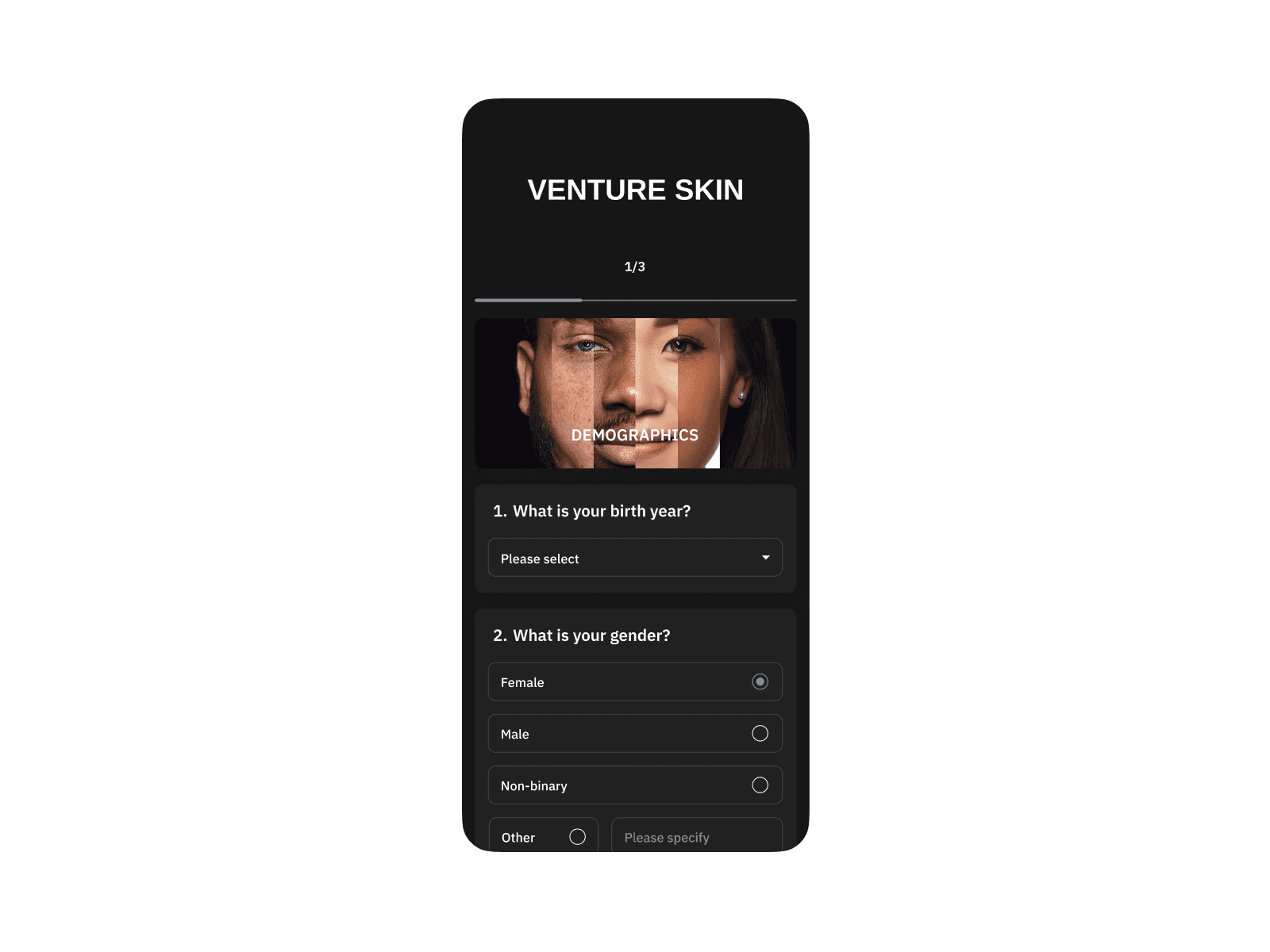 3 screens of the Venture Skin app