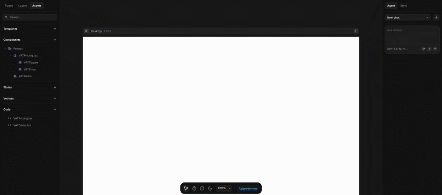 Dragging VAT Toggle from the Assets panel onto a Framer page, then its Country control in the property panel