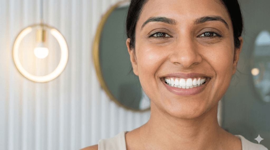 A stunning close-up of a smiling Indian man or woman with sparkling white teeth, radiating confidence and health.