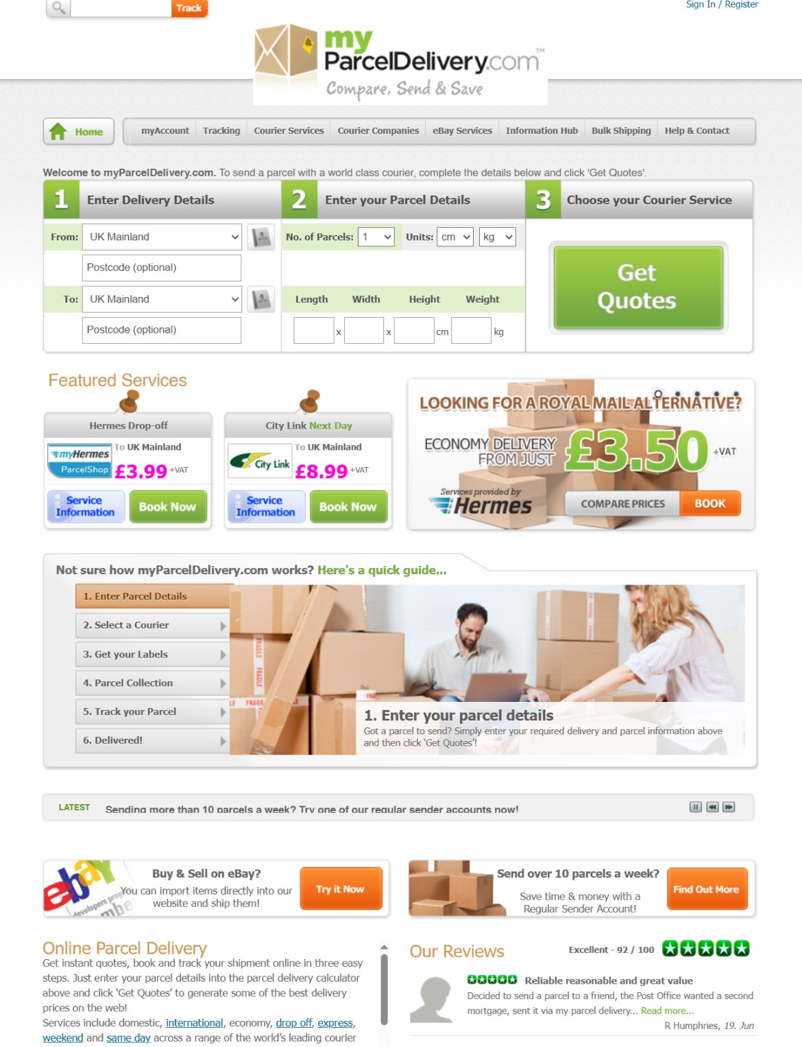 Top homepage screengrab of myparceldelivery.com from 2013