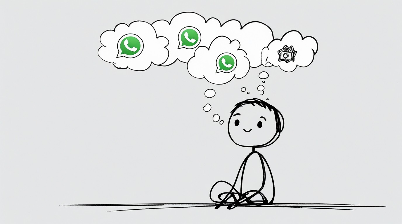 Stick figure sitting quietly with small hand-drawn thought bubbles rising gently above the head, containing whatsapp logos